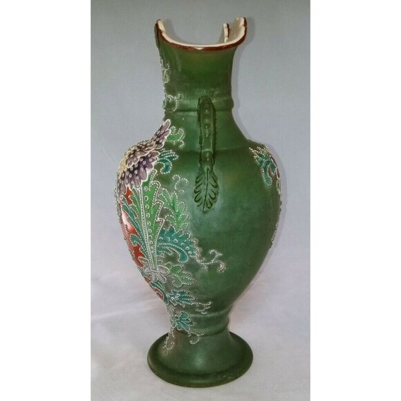 NEEDS SIZE   Japanese Nippon Raised Moriage Vase With Lizard Handles Floral Desi - Picture 8 of 10